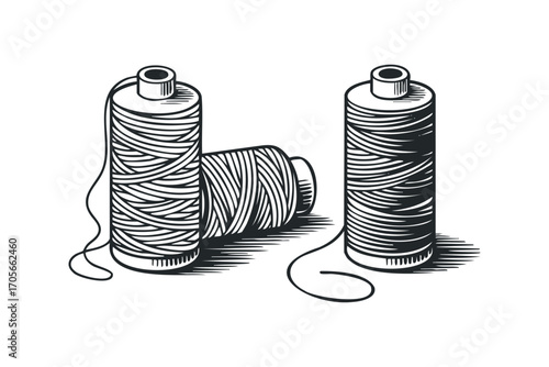 Three Spools of Thread on White. Vector hand drawn illustration