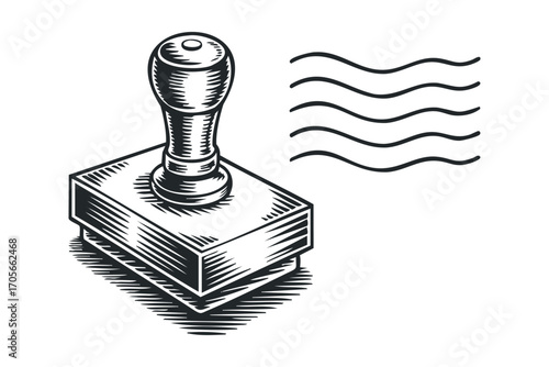 Wooden stamp with ink strokes on transparent background. Vector hand drawn illustration