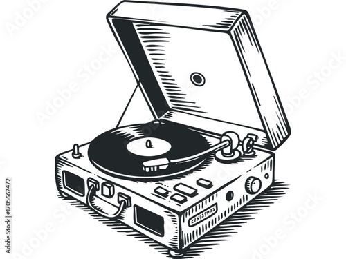 Vintage record player with spinning vinyl disc on transparent background. Vector hand drawn illustration