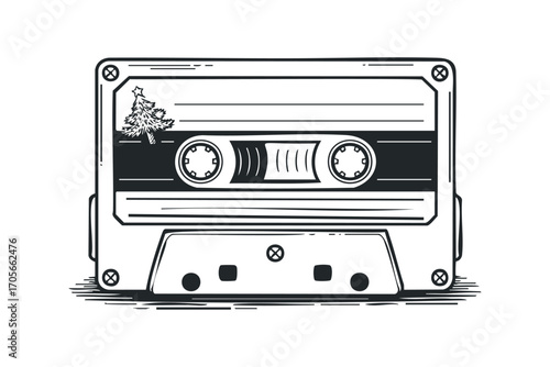 Christmas cassette tape with pine tree ornament. Vector hand drawn illustration