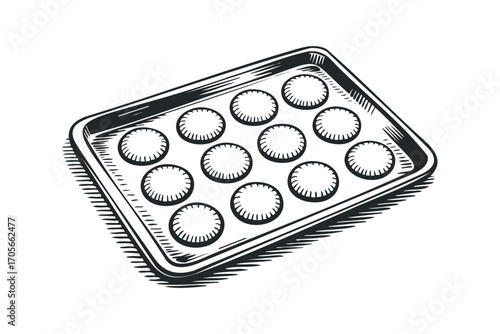 Hand drawn baking tray with twelve cups. Vector hand drawn illustration