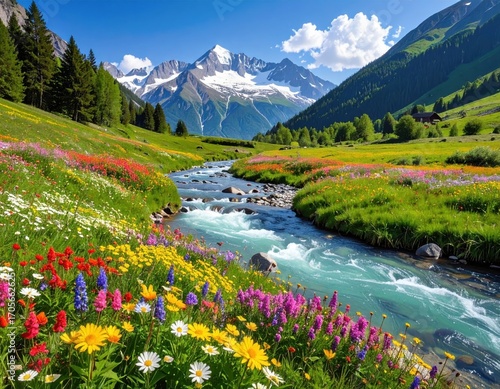 A lush valley, teeming with wildflowers, nestles between towering snow-capped mountains, bathed in vibrant sunshine.