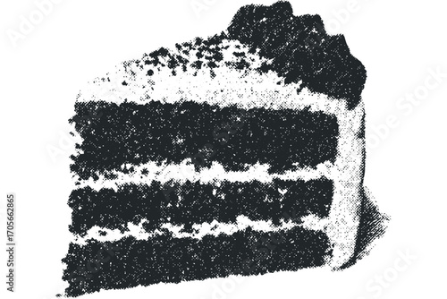 Textured layered dark chocolate cake slice. Vector hand drawn illustration