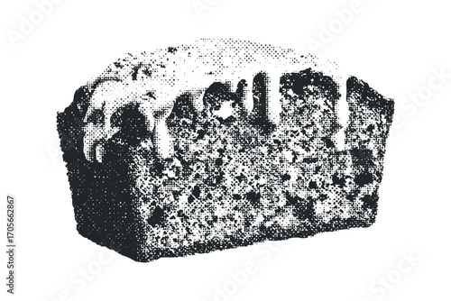 Loaf cake with white icing drizzle, isolated. Vector hand drawn illustration