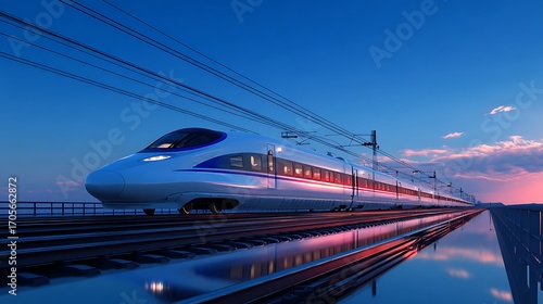 High-speed passenger train traveling on a railway at dusk with a beautiful reflection, symbolizing future technology and modern travel