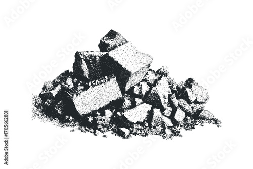 Pile of broken stones with texture and rough edges on transparent. Vector hand drawn illustration