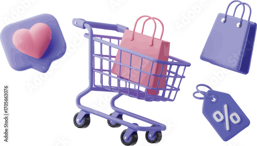 3D Rendered Shopping Cart with Bags and Discount Tags Online Shopping Concept