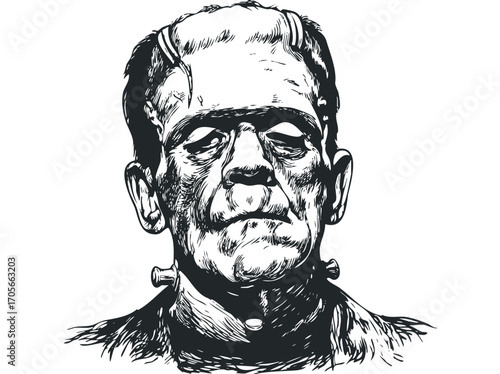 Frankenstein monster portrait drawing transparent background. Vector hand drawn illustration