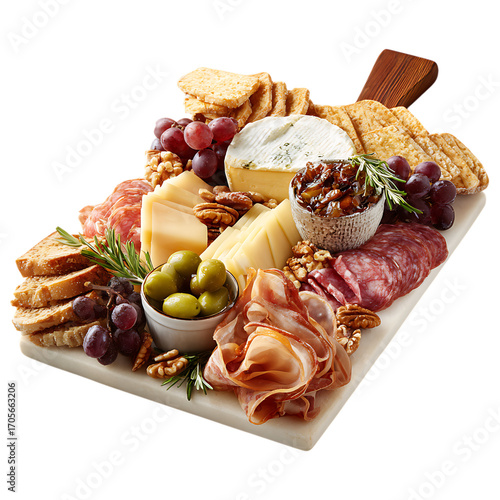 Gourmet charcuterie board with cheese meats and fruits isolated on transparent background