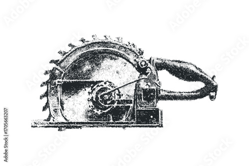 Vintage handheld chainsaw with serrated blade,. Vector hand drawn illustration