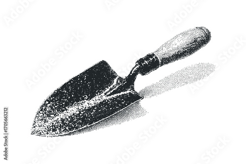 Hand trowel tool with wood handle on transparent background. Vector hand drawn illustration