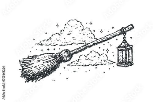Whimsical Hand Drawn Witch Broom with Lantern and Stars. Vector hand drawn illustration