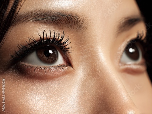 Japanese  close up of beautiful brown eyes with mascara and eyebrow definition looking up
