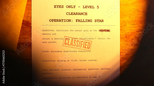 Close-up of a vintage-style, dummy yellowed document outlining a clandestine operation codenamed Falling Star, marked with red classified stamps.
