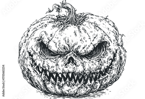 Spooky carved pumpkin with menacing grin on transparent background. Vector hand drawn illustration