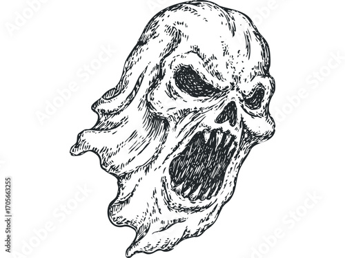 Scary phantom with sharp teeth and vacant eyes, on transparent background. Vector hand drawn illustration