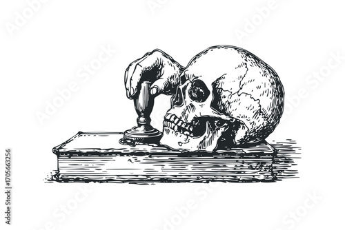 Hand holding a skull over a book. Vector hand drawn illustration
