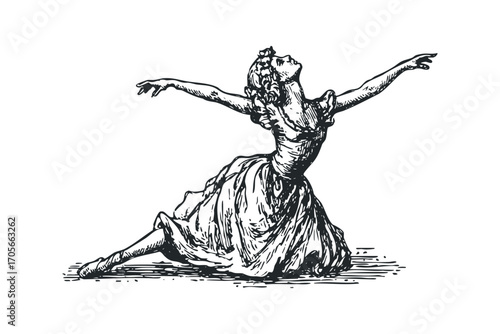 Ballet dancer posing gracefully in an elegant dress on a white isolated background,. Vector hand drawn illustration