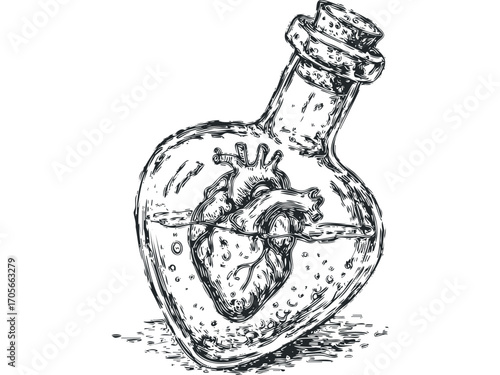Anatomical Heart in Corked Glass Bottle with Water. Vector hand drawn illustration