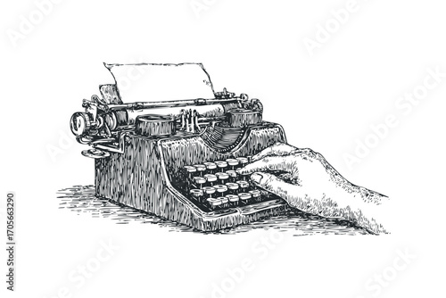 Hand typing on vintage typewriter with paper insert. Vector hand drawn illustration