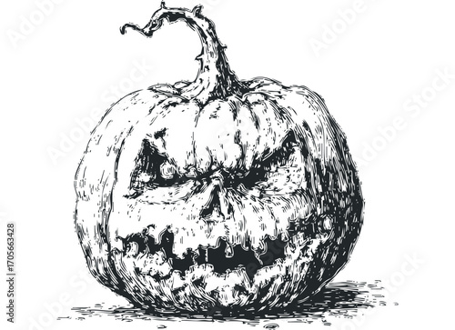 Scary carved pumpkin with grotesque face on transparent background. Vector hand drawn illustration