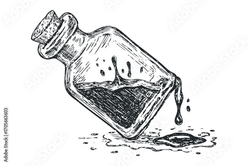 Hand Drawn Sketch of Spilling Liquid from a Corked Glass Bottle on a Transparent Background. Vector hand drawn illustration