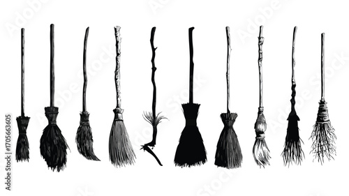 Witch Brooms Vector Silhouette Illustration Set
