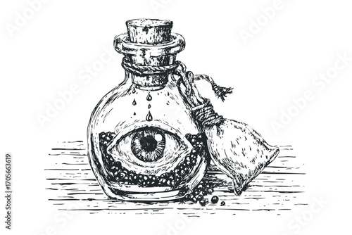 Hand Drawn Alchemy Potion Bottle With Eye and Pepper Berries. Vector hand drawn illustration