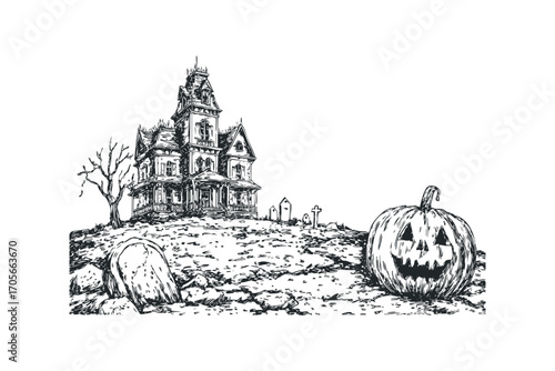 Haunted house graveyard carved pumpkin sketch on transparent background. Vector hand drawn illustration