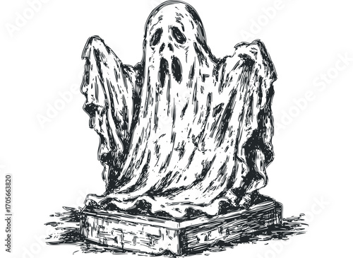 Spooky ghost floating over tombstone sketch. Vector hand drawn illustration