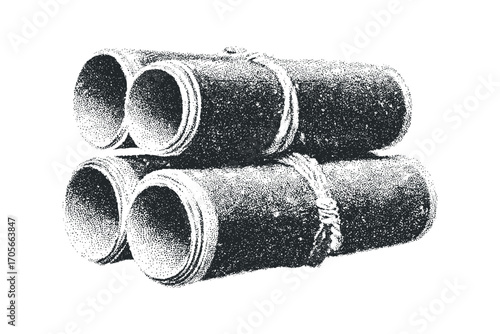Four cylindrical tubes bound together with twine on transparent background. Vector hand drawn illustration