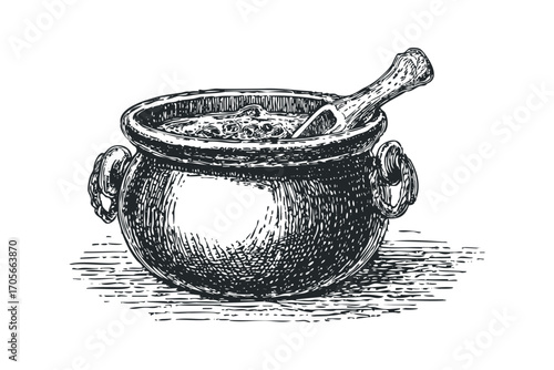 Vintage ink drawing of a bubbling cauldron with a ladle. Vector hand drawn illustration