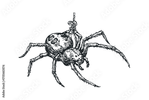Detailed sketch of spider suspended by a thread. Vector hand drawn illustration