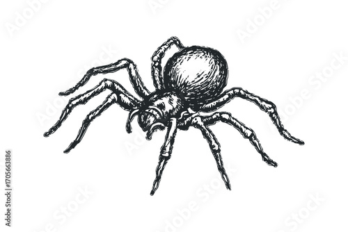 Detailed sketch of a spider with eight legs and a textured body, isolated on white. Vector hand drawn illustration