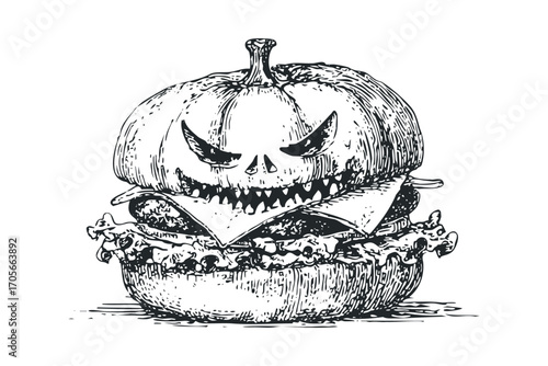 Spooky Pumpkin Jack Burger Illustration Transparent Background. Vector hand drawn illustration