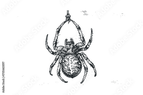 Detailed sketch of a spider hanging from a knot,. Vector hand drawn illustration