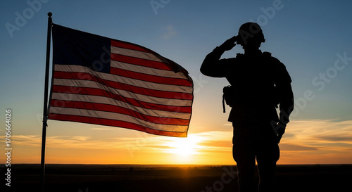 Photo of a soldier salutes the american flag at sunset, symbolizing patriotism and service