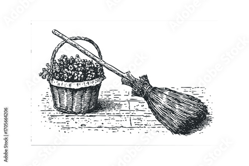 Wicker basket filled with flowers and a straw broom on wood surface. Vector hand drawn illustration