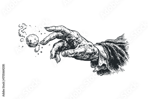 Detailed woodcut style hand reaching for a sphere with smoke wisps. Vector hand drawn illustration