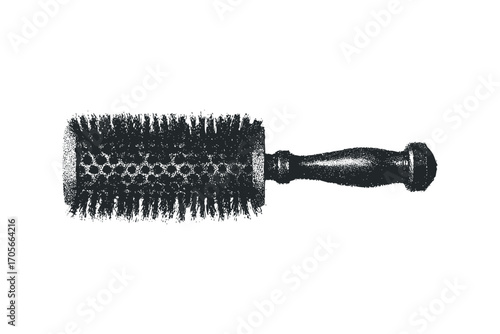 Vintage Hairstyling Round Brush with Wooden Handle. Vector hand drawn illustration