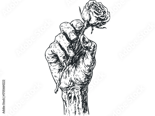 Line art hand holding single rose on transparent background. Vector hand drawn illustration