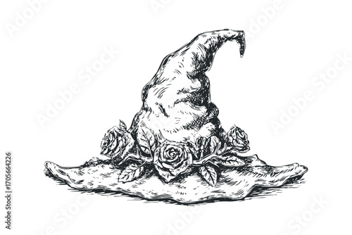 Hand drawn witch hat with roses on transparent background. Vector hand drawn illustration