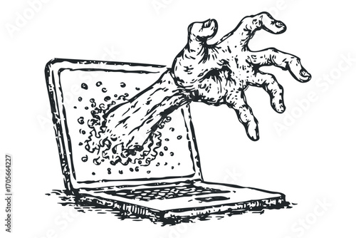 Hand emerging from laptop screen, digital threat concept. Vector hand drawn illustration