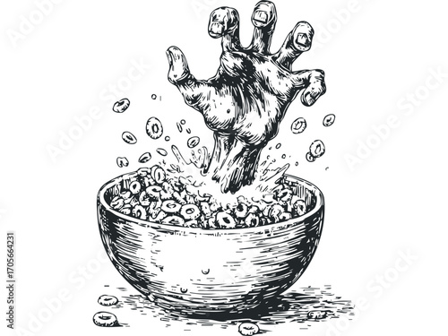 Hand emerging from cereal bowl splash. Vector hand drawn illustration