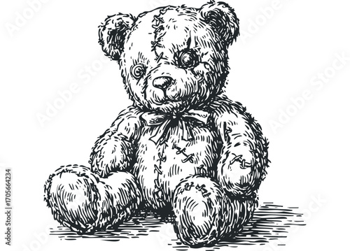 Hand drawn sketchy teddy bear with a bow on transparent background. Vector hand drawn illustration