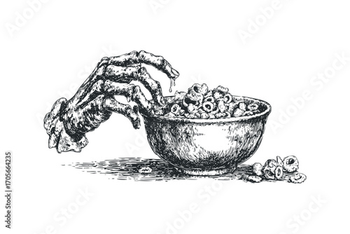 Skeletal hand reaching into bowl of cereal. Vector hand drawn illustration