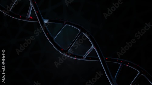 Futuristic glowing DNA strand structure with red light particles in dark background loop animation