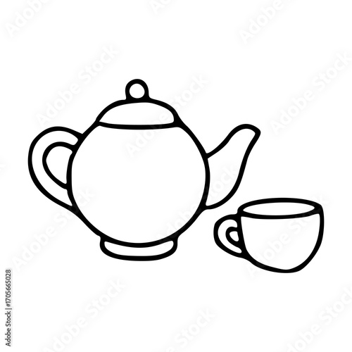 outline drawing of teapot and cup