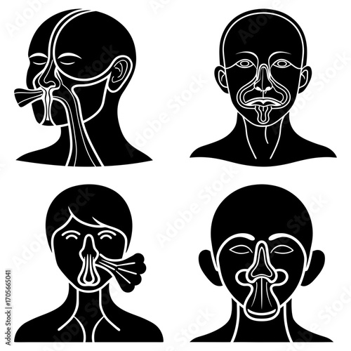 Diagrams showing human respiratory system with nasal passages and airflow in black and white style