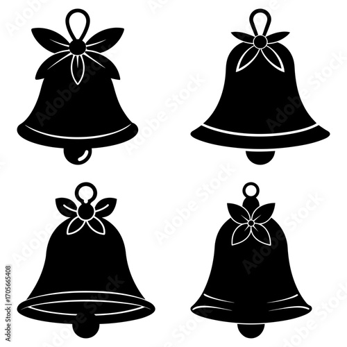 Four black silhouette christmas bells with flower and bow details in a vector illustration design